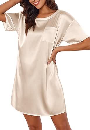 Ekouaer Silk Sleep Shirts for Women Satin Nightshirt Tshirt Nightgown Sleepwear Shirt Dress With Chest Pocket S-2XL