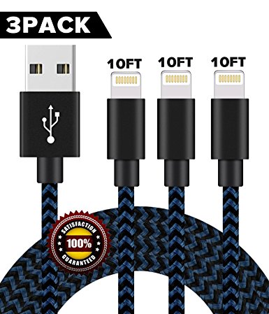 BULESK Lightning Cable 3Pack 10FT Nylon Braided Certified iPhone Cable USB Cord Charging Charger for Apple iPhone X, 8, 7 Plus, 6, 6s, 6 , 5, 5c, 5s, SE, iPad, iPod Nano, iPod Touch (Black Blue)