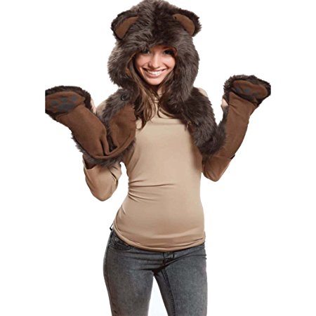 Brown Bear Full Animal Hood Hoodie Hat Faux Fur 3 in 1 Function