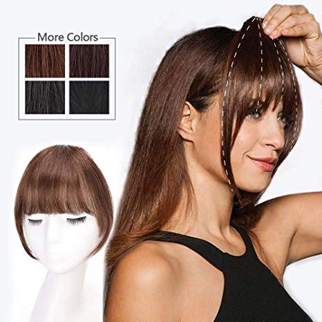 HMD Clip in Bangs 100% Human Hair Extensions Medium Brown Clip on Fringe Bangs with nice net Natural Flat neat Bangs with Temples for women One Piece Hairpiece for Daily Wear（Color：Medium Brown）