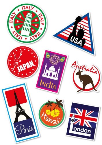 Supertogether Set of 8 Full-Colour World Travel Locations Suitcase Stickers - Cool Vinyl Decals also suitable for Laptops Travel Luggage Bags Car Panels VW Camper Vans and even Bedroom Walls