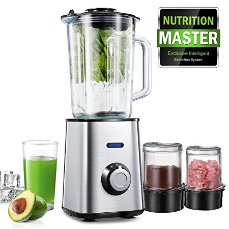 Aicook Blender, 3 in 1 Smoothie Blender, Multifunctional Glass Blender, Coffee Grinder and Food Chopper, with 51.5oz Glass Jar, 8.5oz Grinding Cup and Meat Mincing Cup, Titanium Blades, Stainless Steel