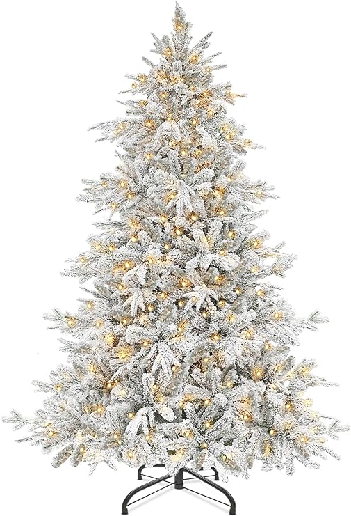 [ Lush & 965 Realistic Feel Snowy Tips] 6 Ft Prelit Snow Flocked Artificial Christmas Tree with 340 Warm Lights PE/PVC Tips & Metal Stand UL Plug Premium Hinged Xmas Tree Indoor Outdoor Home Decor