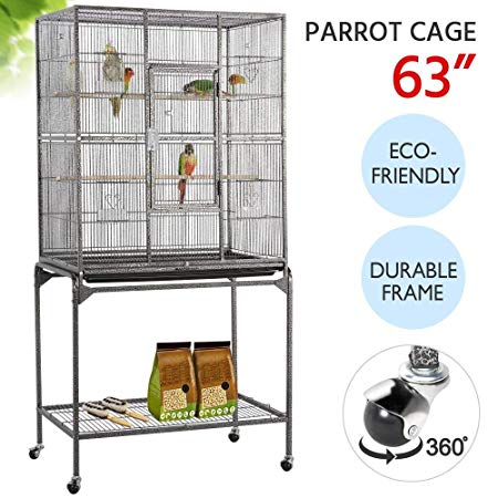 Yaheetech 63'' Wrought Iron Rolling Large Bird Cage for Mid-Sized Amazon Parrots Quaker Cockatiels Sun Parakeet Green Cheek Conure Lovebird Budgie Finch Canary Bird Flight Cage with Detachable Stand