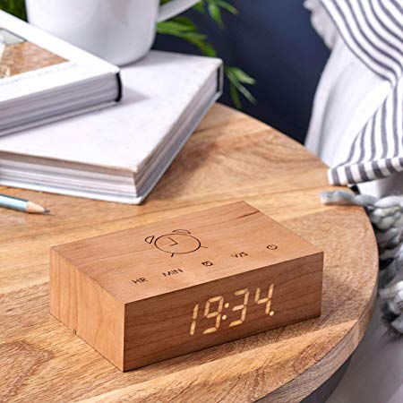 Gingko Flip Click Clock LED Alarm Clock Sound Activated with New Flip Technology, Rechargeable with Laser Engraved Touch Controls, Cherry