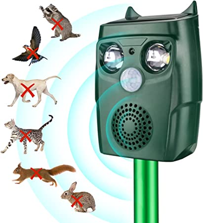 Animal Deterent, Solar Powered Ultrasonic Animal Control Device with Motion Sensor and FIashing Light, Waterproof Outdoor Animal Repellent for Deer Squirrel Raccoon Cat Bobcats, Frequency 18kHZ