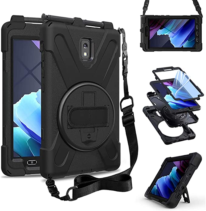 ZenRich Galaxy Tab Active 3 Case, SM-T570/SM-T575/SM-T577 Case with Kickstand Hand Strap and Shoulder Strap zenrich Shockproof Case for Samsung Galaxy Tab Active 3 8 inch Black