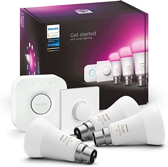 Philips Hue White & Colour Ambiance Starter Kit: Smart Bulb 3X Pack LED [B22] incl. Bridge and Smart Button - 1100 Lumen (EU)