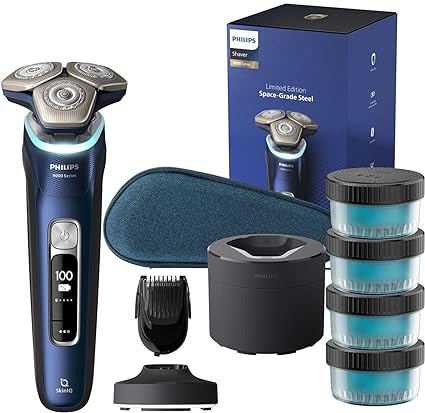 Philips Shaver Series 9000 - Wet and Dry Electric Shaver for Men in Blue with Lift & Cut, SkinIQ Technology, Pop-up Trimmer, Cleaning Pod, Beard Styler, Charging Stand, Travel case (Model S9980/74)