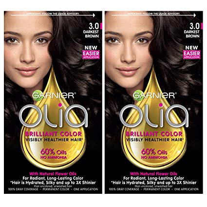 Garnier Olia Ammonia-Free Brilliant Color Oil-Rich Permanent Hair Color, 3.0 Darkest Brown (Pack of 2) Brown Hair Dye