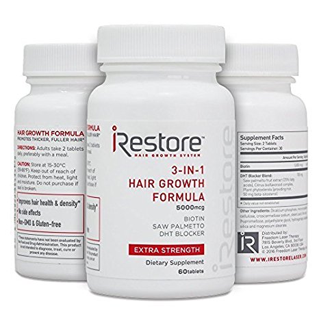 iRestore 3-in-1 Hair Growth Supplement with Biotin, DHT Blocker, Saw Palmetto, and Other Extracts (60 count) – 3 Pack