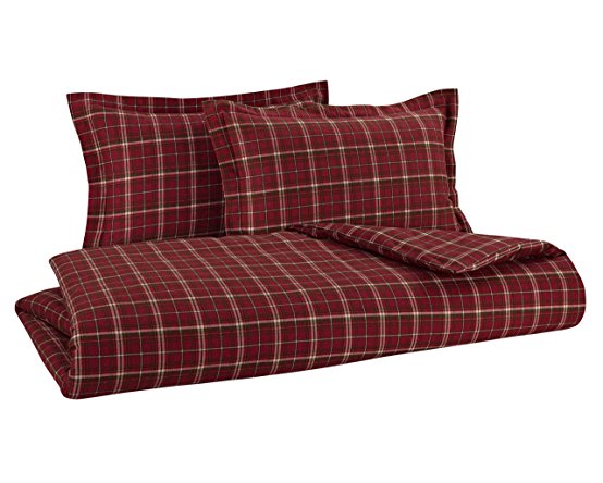 FLANNEL REVERSIBLE DUVET COVER SET by DELANNA 100% Cotton 1 Duvet Cover 86" x 86" and 2 Shams 20" x 26" (FULL/QUEEN, RED PLAID)