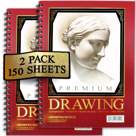 Sketch Pad (2 Pack) 150 Sheets, 9x12, Premium Sketchbook 60 LBS/90 GSMS - Acid Free - Fine Tooth - Perfect for Sketching, Drawing, Doodling, & More!