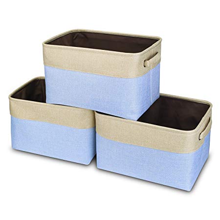 Awekris Large Storage Basket Bin Set [3-Pack] Storage Cube Box Foldable Canvas Fabric Collapsible Organizer with Handles for Home Office Closet, Grey/Tan (Light Blue)