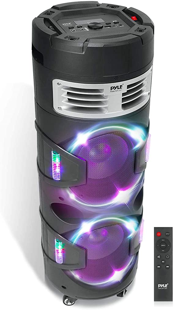 Portable Bluetooth PA Speaker System - 1200W Outdoor Bluetooth Speaker Portable PA System w/TWS Function, Microphone in, Flashing DJ Party Lights, USB Reader, FM Radio, Rolling Wheels - Pyle PBMSPG82