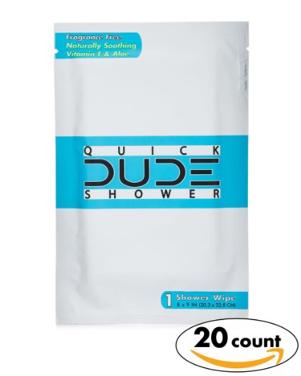 Quick DUDE Shower Wipes - 20pk On-The-Go Singles, Aloe, Hypoallergenic and Unscented Wipes