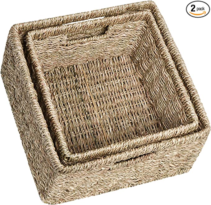 StorageWorks Seagrass Storage Baskets, Handwoven Rattan Baskets for Organizing, Decorative Wicker Baskets with Built-in Handles, 2 Pack