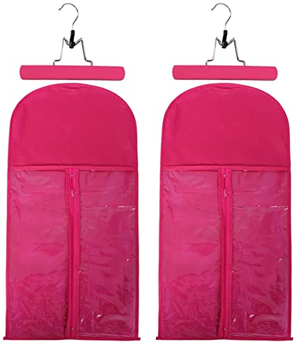 Hair Extensions Wigs Storage Bag with Wooden Hanger Dust-proof Protective Wig Storage Holder,Portable Suit with Transparent Zip Up Closure 23 x 11 inch (Rose Red)