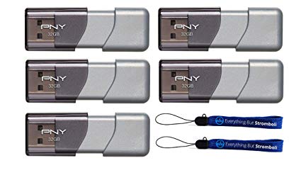 PNY 32GB USB 3.0 Flash Drive Elite Turbo Attache 3 (Five Pack Bundle) Model P-FD32GTBOP-GE Plus (2) Everything But Stromboli (TM) Lanyard