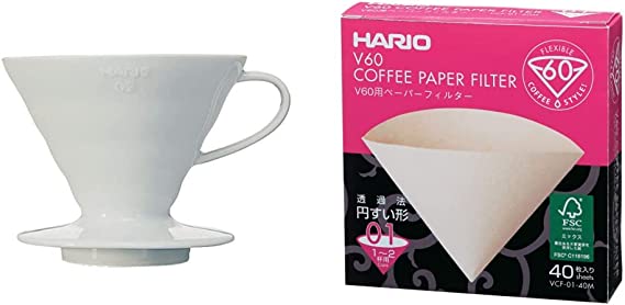 Hario V60 Ceramic Coffee Dripper Pour Over Cone Coffee Maker Size 02, White & V60 Paper Coffee Filters, Size 01, Natural, 40ct Boxed