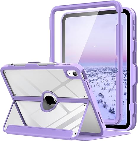 MoKo Case for iPad 10th Generation with Pencil Holder, Clear iPad 10th Gen 2022 Case 10.9 inch, Built-in Screen Protector Stain Resistant Cover, Multi Angle Viewing Stand, Auto Wake/Sleep, Purple