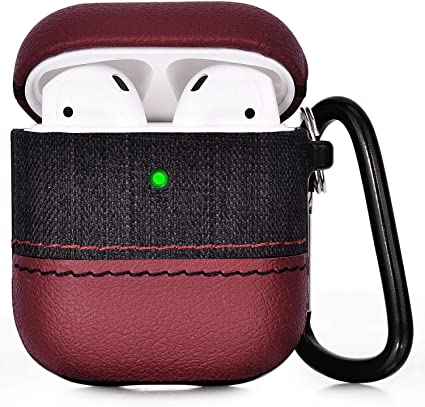 Airpods Case,V-MORO Leather Case Compatible with Airpod Case Cover with Canvas for irpods 2 & 1 [Front LED Visible] Charging Case Protective Skin Burgundy/Black