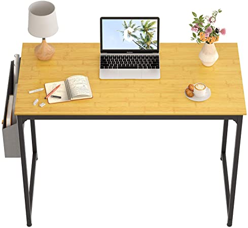 CubiCubi Computer Desk Study Writing Table for Home Office, Modern Simple Style PC Desk, Black Metal Frame… (32, Bamboo)
