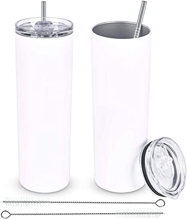 Stainless Steel Skinny Tumbler Set, Insulated Travel Tumbler with Lid Straw, Skinny Insulated Tumbler, 20 Oz Slim Water Tumbler Cup for Water Hot Cold Drinks, White