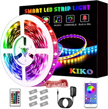 Led Lights, KIKO 21.3ft/6.5m Smart RGB Led Lights Strip for Bedroom with Bluetooth and Remote Controller Led Light Strips Sync to Music