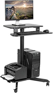 VIVO Black Rolling Dual Tier 24 inch Sit to Stand Mobile Computer Workstation with Printer and PC Platform | Height Adjustable Desk Presentation Cart (CART-PC02HB)