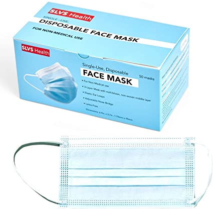SLVS Health Disposable Face Masks: Breathable Earloop Face Mask - Non-Surgical Bulk Set - 3 Ply with Non-Woven, Melt-blown Middle Filtration Layer - Elastic Ear Loops, Adjustable Nose Bridge - 50 Pack