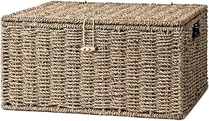 StorageWorks Seagrass Wicker Baskets for Organizing, Large Wicker Basket with Lid, Decorative Basket with Built-in Handles, Storage Baskets for Shelves, 1 Pack