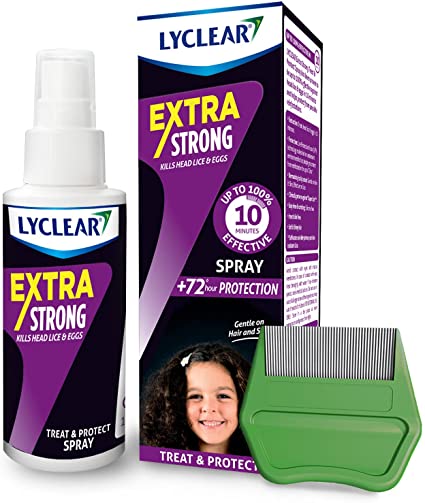 Lyclear Extra Strong - Lice and nits treatment Spray - Head lice & eggs solution in 10 min - 2 in 1 head lice tretment and protection - Lice and nit comb included - Up to 4 treatments - 100ml