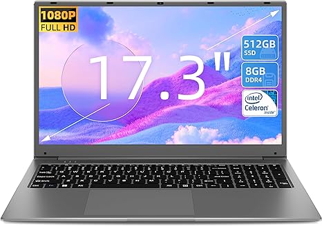 SGIN Laptop 17.3 Inch, 8GB RAM 512GB SSD(TF Card 512GB), Intel Celeron Processor, PC Computer with 1920 * 1080 IPS FHD Screen, 2.4G/5Ghz WIFI, 2*USB 3.2, BT4.2, Type-C, Full Size Keyboard