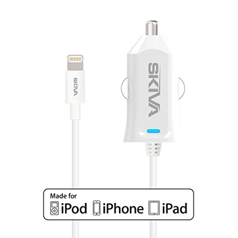 Apple MFi Certified iPhone Car Charger - Skiva PowerFlow (2.4 Amps / 12 Watts) Fastest Car Charger with integrated 3.2ft Lightning Cable for iPhone 6s 6 plus SE, iPad Air mini Pro & more [Model:AC106]