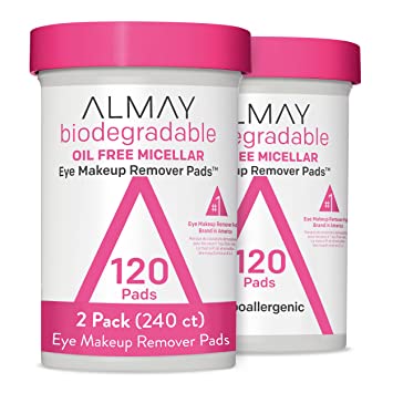 Almay Biodegradable Oil Free Micellar Eye Makeup Remover Pads, Hypoallergenic, Cruelty Free, Fragrance Free Cleansing Wipes, 2 Pack