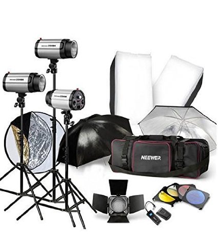 Strobe Studio Flash Light Kit 900W - Photographic Lighting - Strobes, Barn Doors, Light Stands, Triggers, Umbrellas, Soft Box