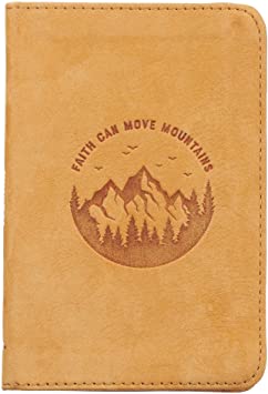 Christian Art Gifts Tan Full Grain Leather Journal | Faith Can Move Mountains | Pocket Size Inspirational Notebook w/Ribbon Marker 192 Lined Pages