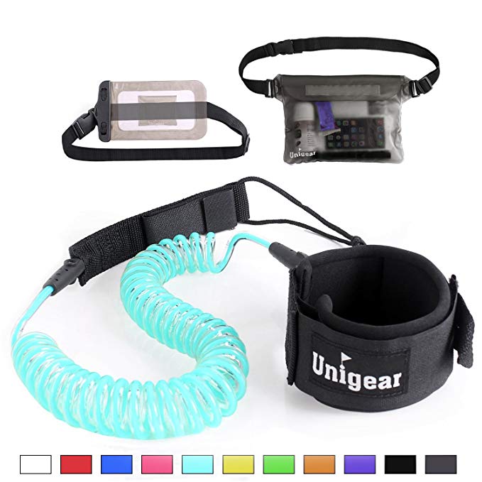 Unigear Premium 10' Coiled SUP Leash (11 Colors) Inflatable Paddle Board Leash with Waterproof Wallet