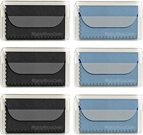 MightyMicroCloth Microfiber Eyeglass Cleaning Cloths – Travel Pouch – Lens Cleaner for Glasses, Camera Lenses, Tablets, Phones, Screens, Electronics (6 Pack, Black Lt Blue)