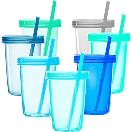 Youngever 7 Sets Plastic Kids Cups with Lids and Straws, 7 Reusable Toddler Cups with Straws in 7 Coastal Colors