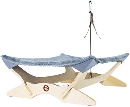 FrontPet Cat Hammock Bed, Luxury Lounger for Cats and Small Dogs. Includes Wood Base, Comfy Bed Hammock, and Feather Toy