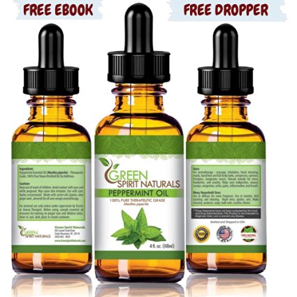 4 oz - Free Ebook + Glass Dropper - Green Spirit Natural Peppermint Oil (Mentha piperita) 100% Pure Therapeutic Grade - Comes with Two Tops, Screw Top for Storage -Threaded Dropper for Easy Dispensing