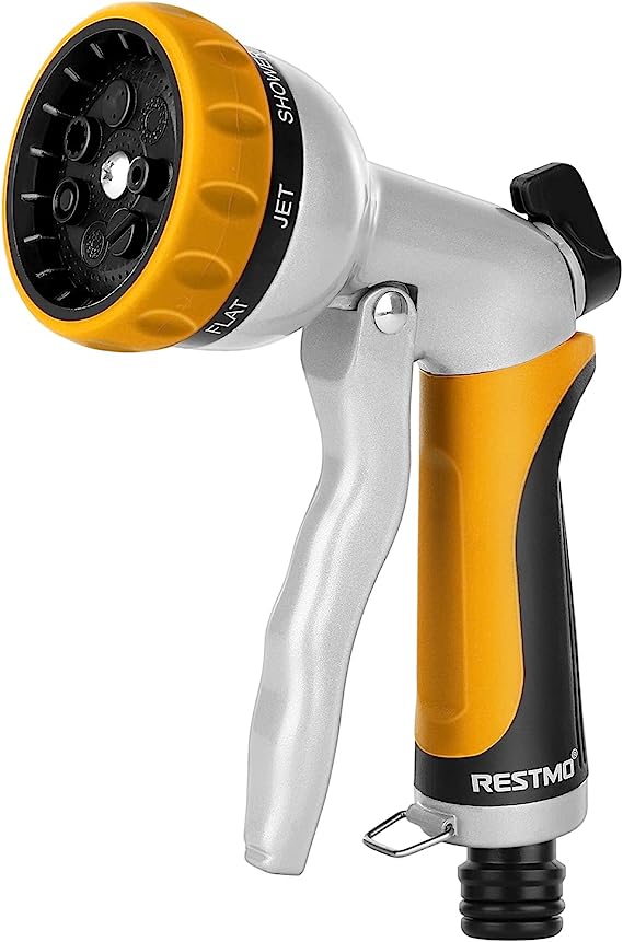 RESTMO Hose Pipe Spray Gun, Heavy Duty Garden Hose Spray Gun, High Pressure Hose Nozzle, Metal Hand Sprayer with 7 Patterns and Water Flow Control, Ideal to Water Plant & Lawn, Wash Car & Pet (Yellow)