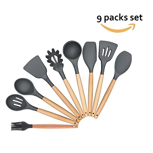 Cooking Utensils Silicone - Kitchen Silicone Utensil Set of 9 Wooden Silicone Kitchen Utensil - Silicone Spatula Set Tools for Cooking - Easy Wash,Grey