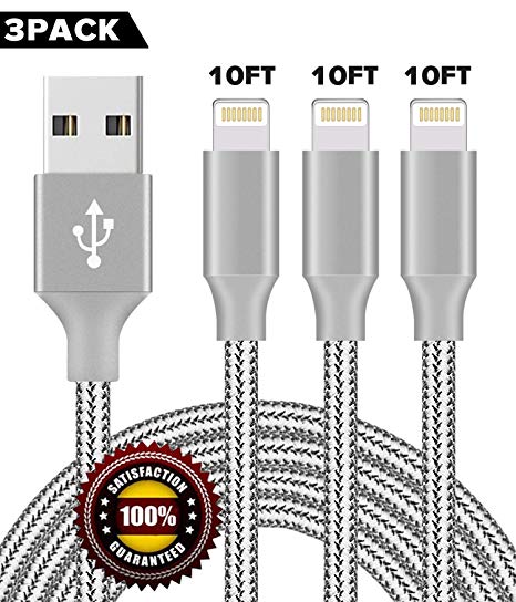 BULESK Phone Cable 3Pack 10Ft Nylon Braided Phone Charger Cord Compatible with Phone Xs/XS Max/XR/X/Phone 8 8 Plus 7 7 Plus 6s 6s Plus 6 6 Plus Pad Pod Nano - Grey
