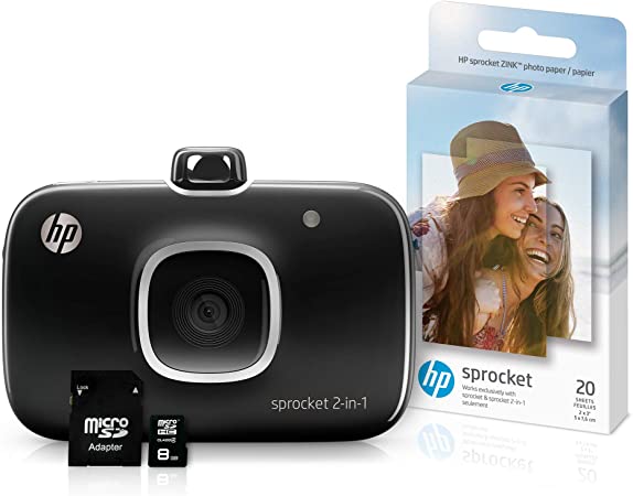 HP 5MS96A Sprocket 2-in-1 Portable Photo Printer & Instant Camera Bundle with 8GB Micro SD Card and Zink Photo Paper, Black (Pack of 3)