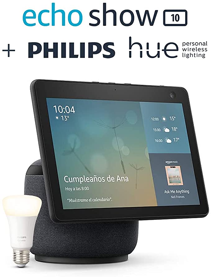 Echo Show 10 (3.ª generación), Antracita   Philips Hue White bombilla inteligente, compatible con Alexa - Kit de inicio de Hogar digital