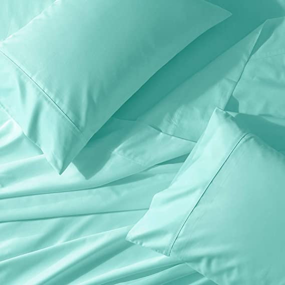 Abripedic 22 Inch Deep Pocket Solid Aqua Sky King 300TC Sheet Set, Breathable Crispy Soft Percale Bed Sheets