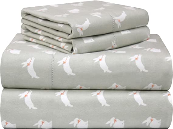 Pointehaven 180 GSM Velvet Feel Luxury Cotton Printed Flannel Sheet Set, King, Bunnies
